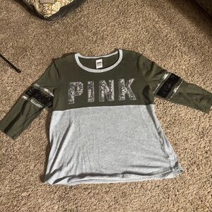 PINK Victoria's Secret Olive and Gray Long Sleeve Tee